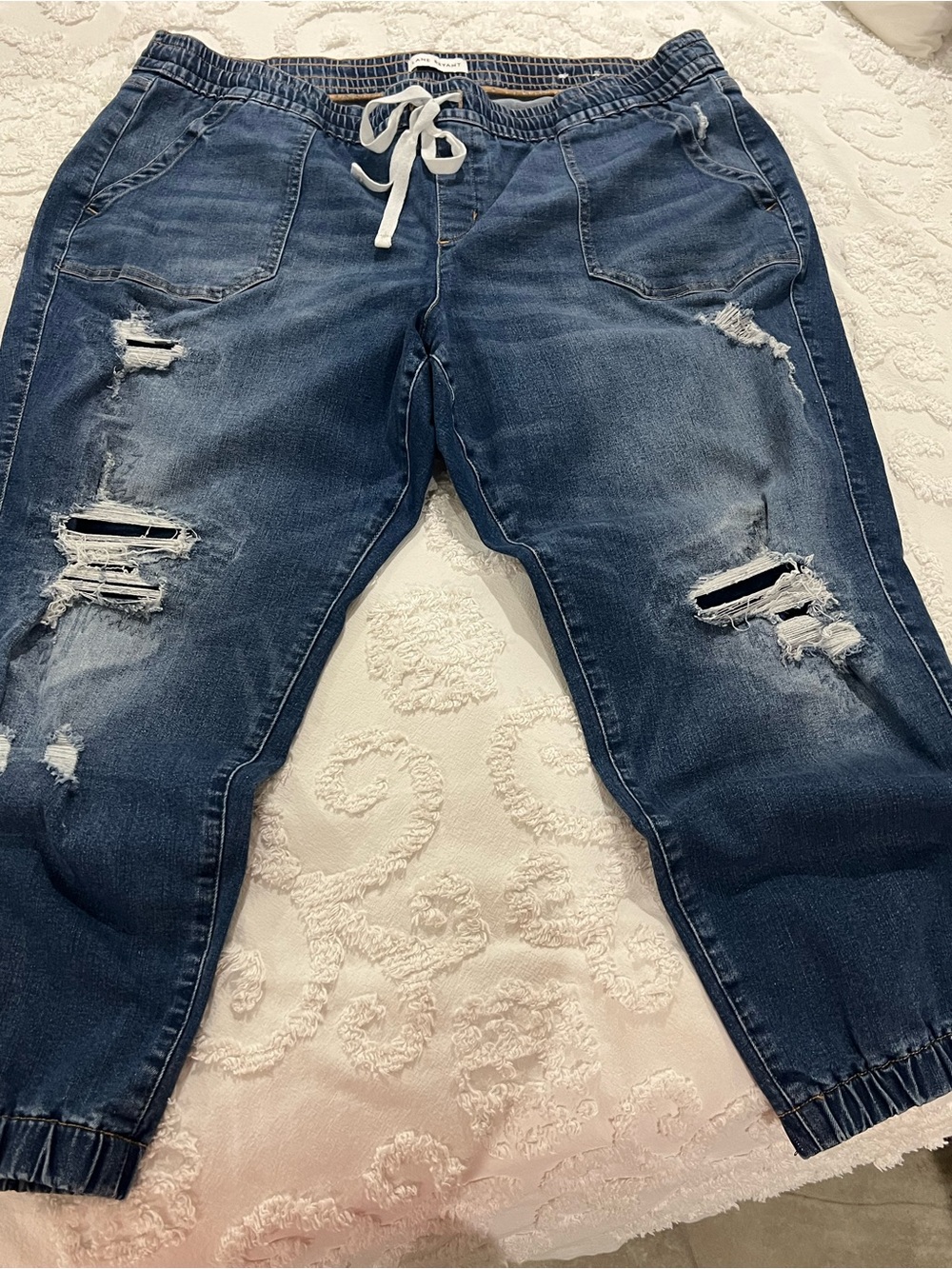 Lane Bryant Distressed Relaxed Jeans - Dark Blue with White Drawstring